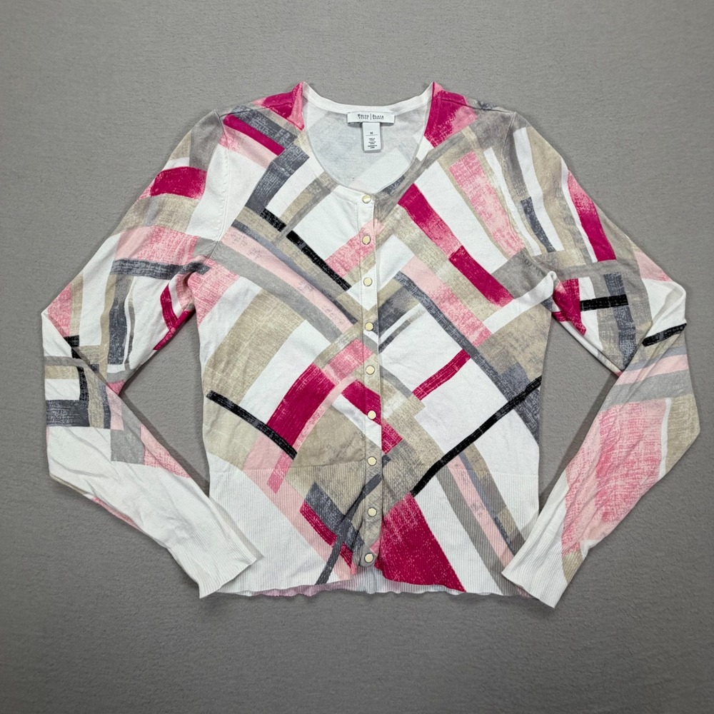 White House Black Market Cardigan Women Medium Good Pink Abstract Geometric Knit